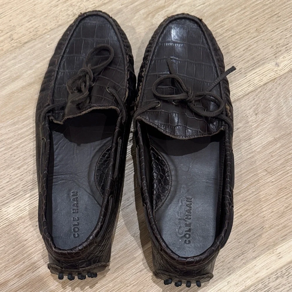 Cole Haan Dark Brown Croc-Embossed Leather Driving Moccasins